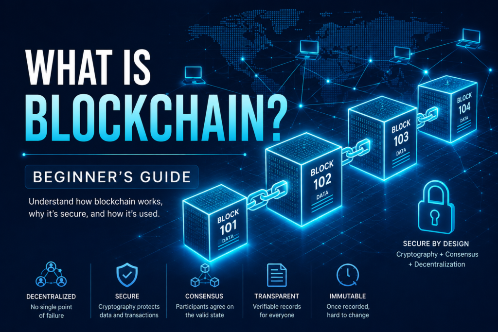What is blockchain – connected blocks and decentralized network illustration