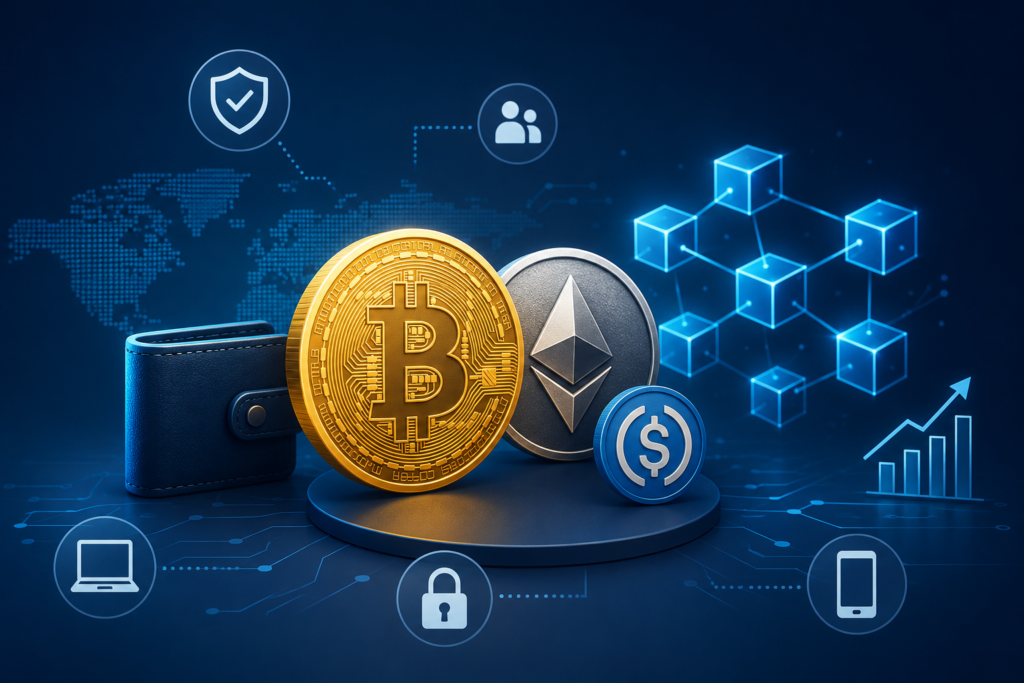 What is cryptocurrency – Bitcoin, Ethereum and blockchain illustration